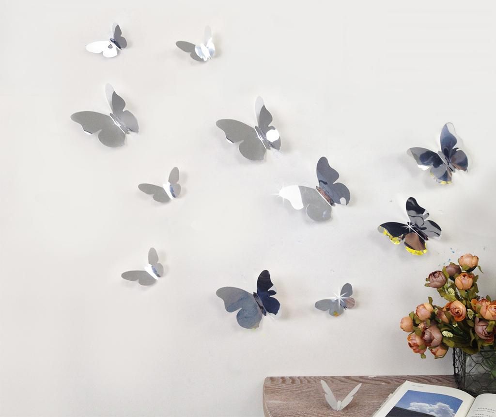 Set 12 stickere 3D Mirror Butterflies – Wallplus, Gri & Argintiu