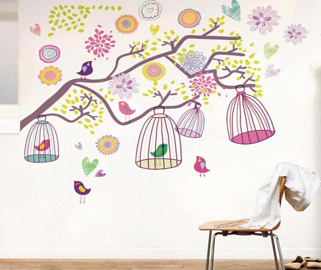 Sticker Colorful Flowers Birdcage - Wallplus, Roz,Multicolor