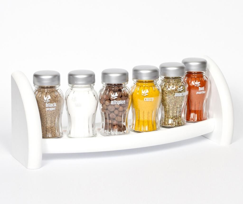 Set 6 recipiente cu condimente si suport suspendabil Aroma White – GALD, Alb GALD