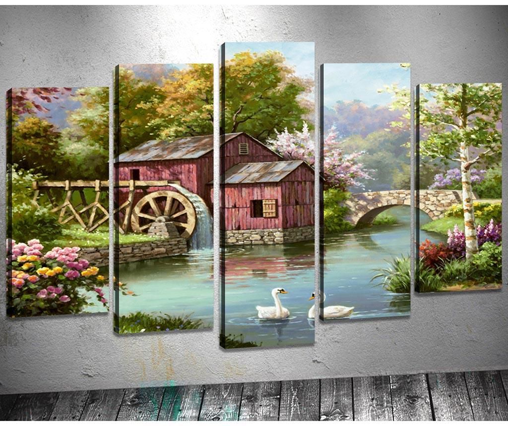 Set 5 tablouri Tablo Center, Water Mill, canvas imprimat cu efect 3D din 100% bumbac – Tablo Center, Multicolor Tablo Center imagine 2022
