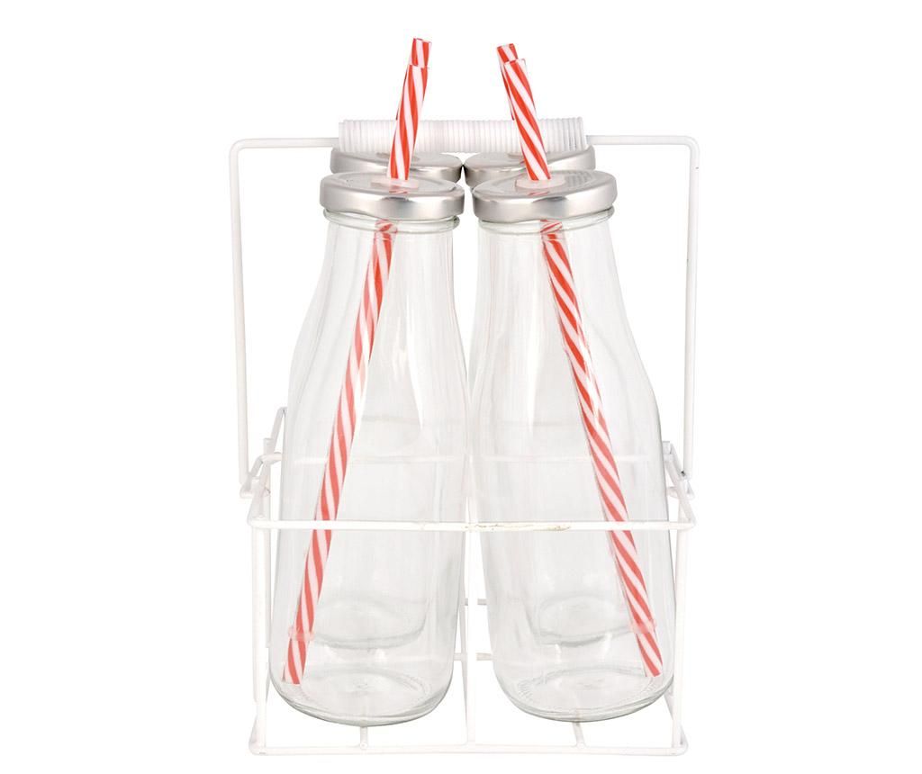 Set 4 sticle cu capac si pai cu suport Milkyway Basket – Esschert Design, Alb Esschert Design imagine 2022