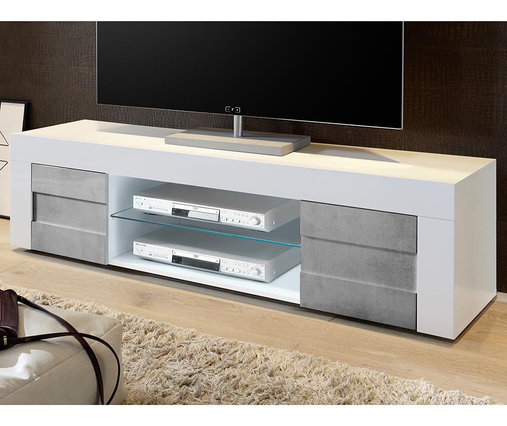 Comoda TV Tft Home Furniture, Jules, PAL melaminat cu finisaj lucios antizgarieturi, 181x42x44 cm - TFT Home Furniture, Alb,Gri & Argintiu