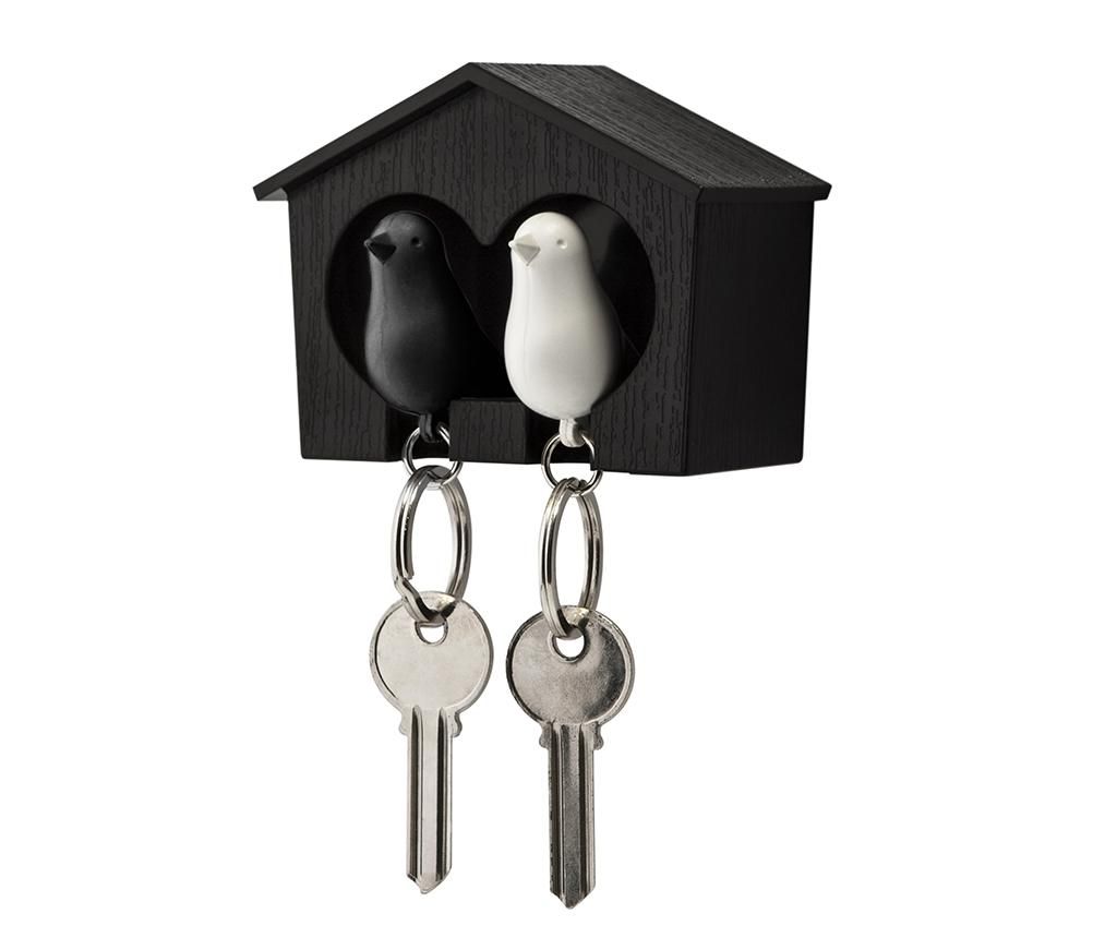 Set 2 brelocuri si suport pentru chei Duo Sparrow Black White - Qualy, Multicolor