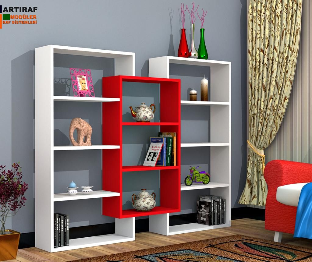 Biblioteca Oyo Concept, Munhai White Red, PAL melaminat cu grosimea de 18 mm, 146x22x120 cm - Oyo Concept, Alb,Rosu