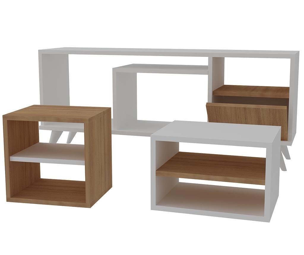 Set comoda TV si 2 masute de cafea Wooden Art, Selin White Teak, PAL melaminat - Wooden Art, Alb