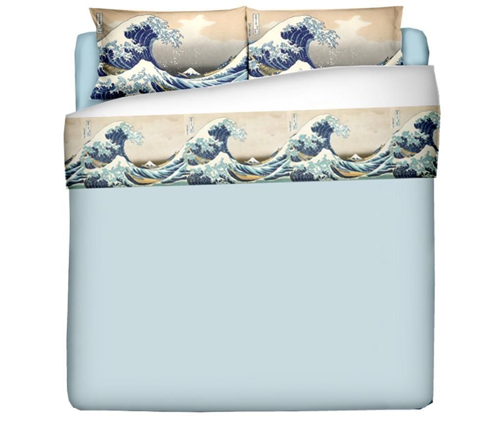 Set cearsaf de pat si 2 fete de perna King Ranforce Hokusai The Great Wave