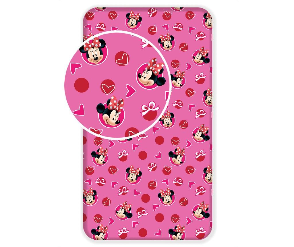 Cearsaf de pat cu elastic Ranforce Minnie Moouse Hearts 90x200 cm