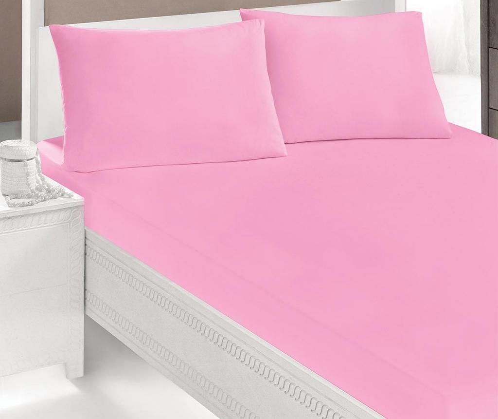 Set cearsaf de pat cu elastic si 2 fete de perna Double Ranforce Serita Pink