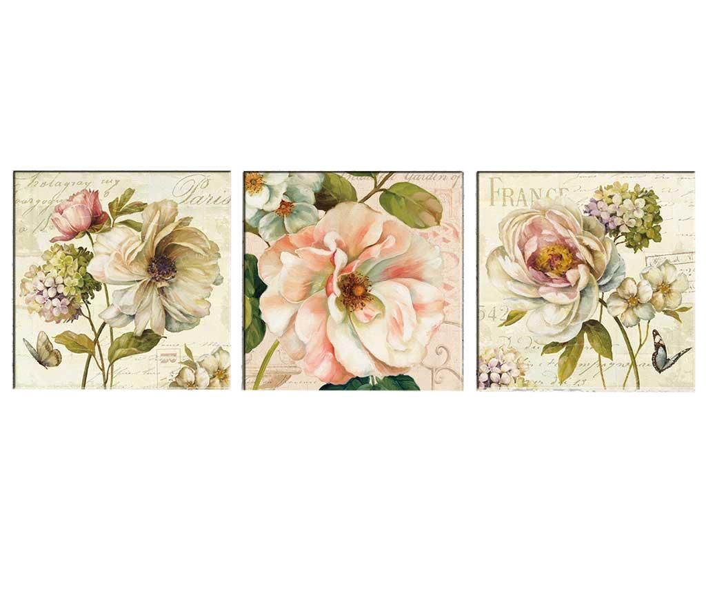 Set 3 tablouri Tablo Center, Vintage Flowers, canvas imprimat pe 100% bumbac, 30×30 cm – Tablo Center, Roz Tablo Center