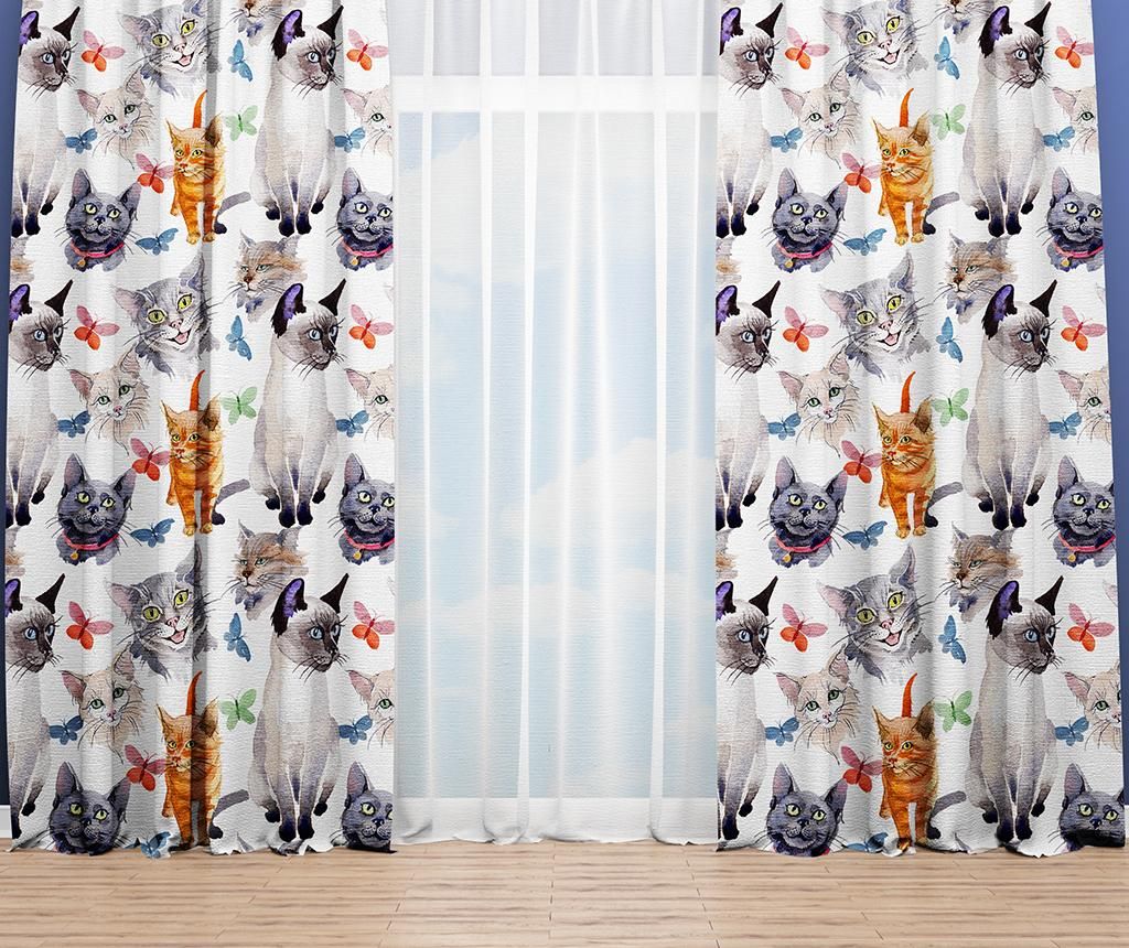 Set 2 draperii Oyo Kids, Cats & Butterflies, poliester, 140x240 cm - Oyo Kids, Multicolor