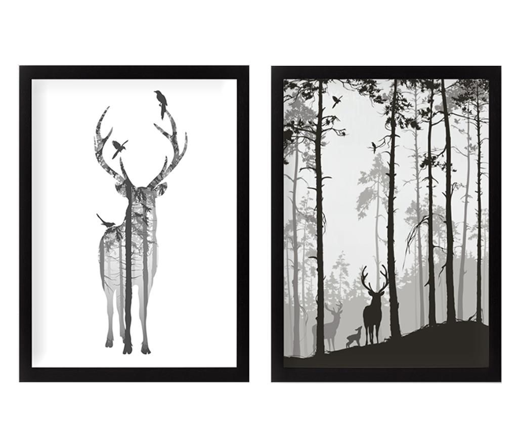 Set 2 tablouri Tablo Center, Reindeer in the Woods, MDF imprimat si laminat, 34x44 cm - Tablo Center, Multicolor