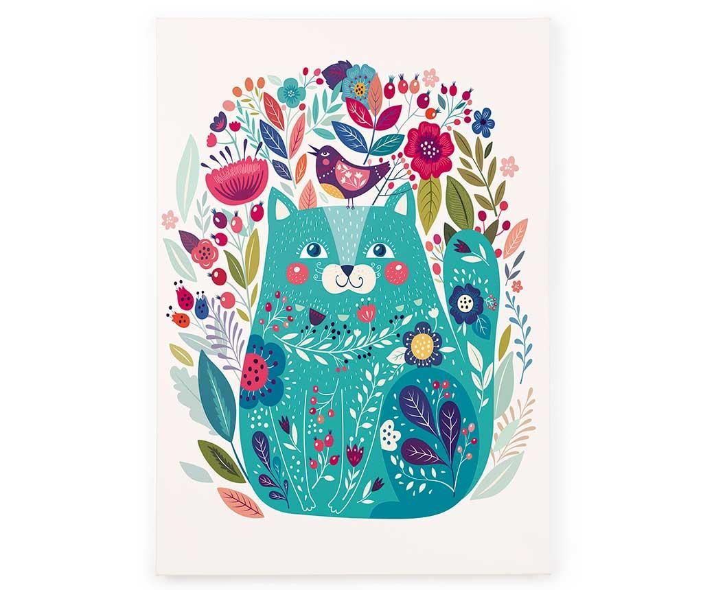 Tablou Tanuki, Flowers and Cat, hartie imprimata cu cerneala rezistenta la UV, 50x70 cm - Tanuki, Multicolor