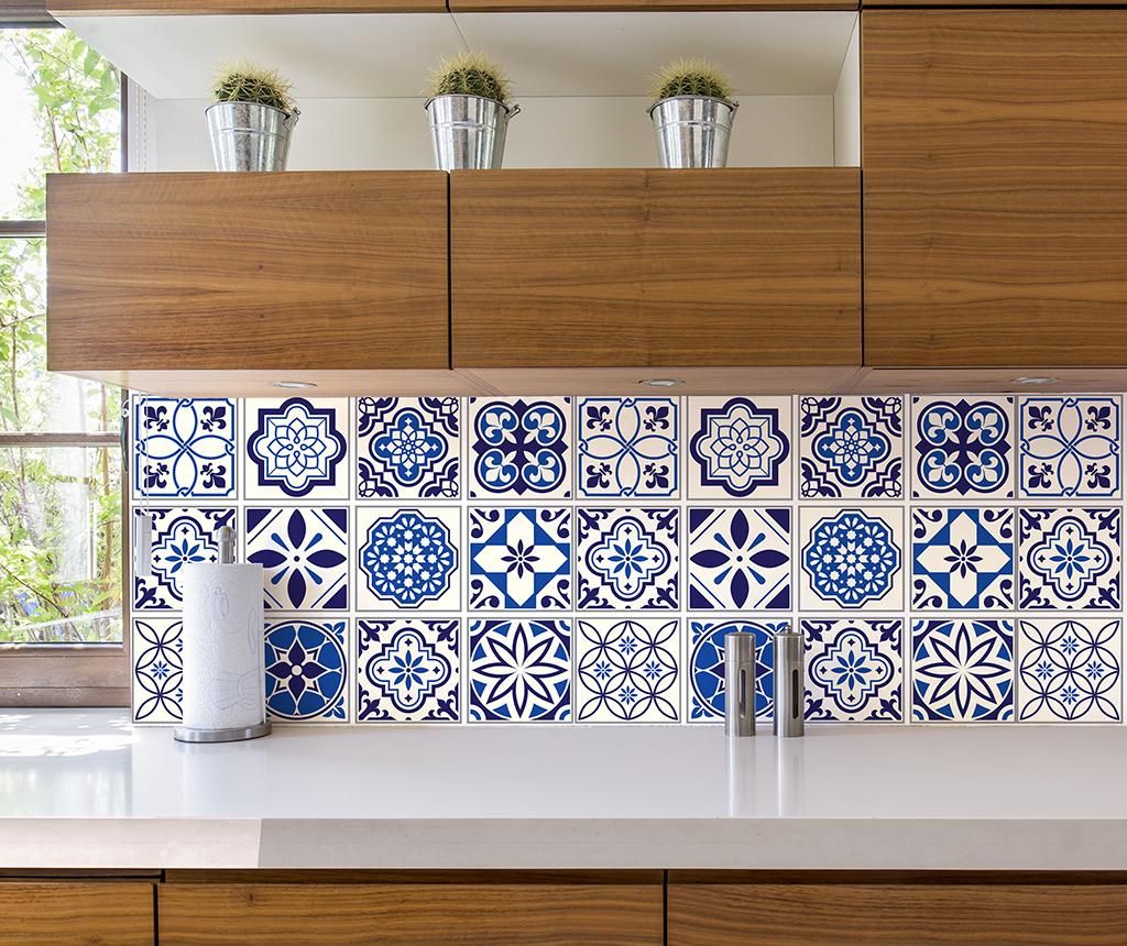 Set 24 stickere Wallplus, Tile Spanish Morrocan, PVC (policlorura de vinil) - Wallplus, Albastru