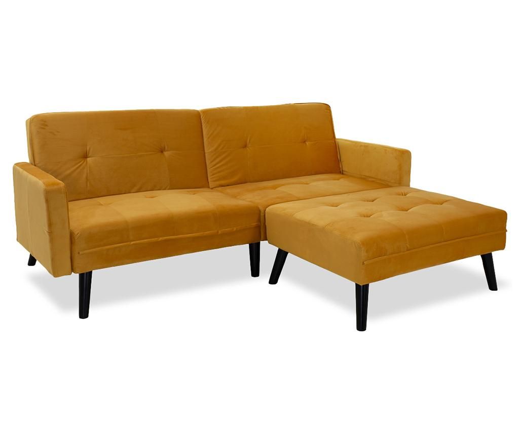 Set sofa extensibila si taburet pentru picioare Pakoworld, Dream Yellow, structura din MDF, galben – PAKOWORLD, Galben & Auriu PAKOWORLD imagine reduss.ro 2022