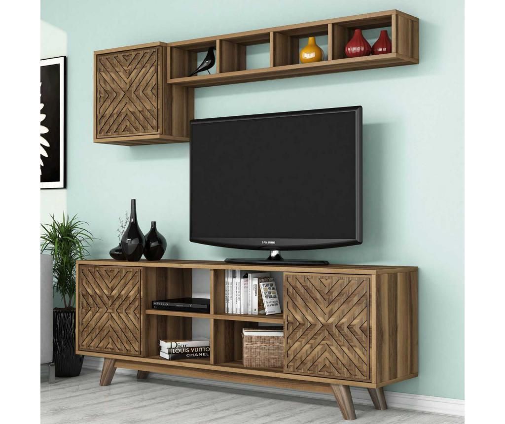 Set comoda TV si corp cu rafturi Hommy Craft, Inci Walnut, PAL melaminat - Hommy Craft, Maro