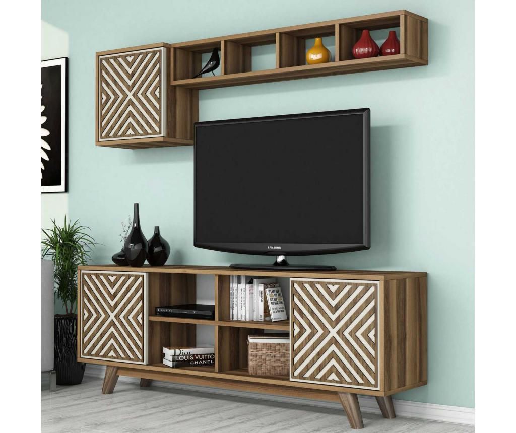 Set comoda TV si corp cu rafturi Inci Walnut Cream - Hommy Craft, Crem,Maro