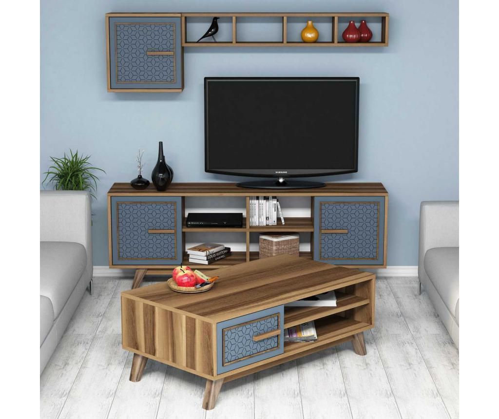 Set 3 piese de mobilier Hommy Craft, Ayla Walnut Blue, PAL melaminat - Hommy Craft, Albastru,Maro