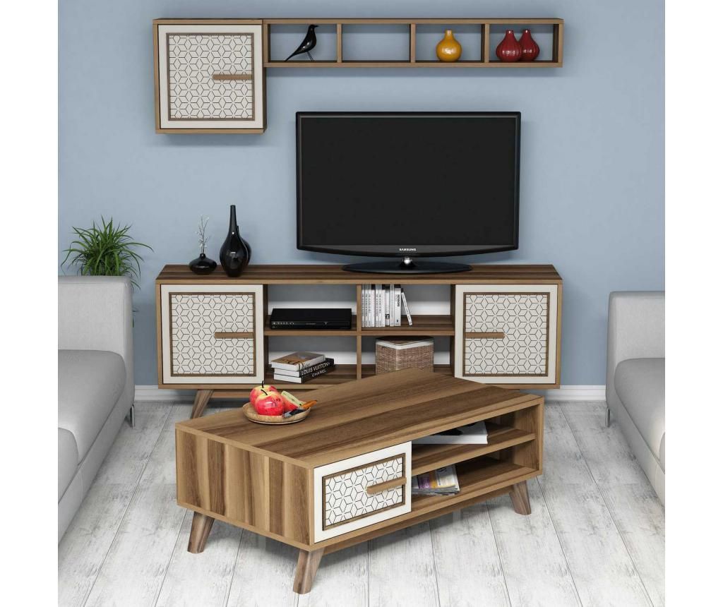 Set 3 piese de mobilier Hommy Craft, Ayla Walnut Cream, PAL melaminat - Hommy Craft, Crem,Maro