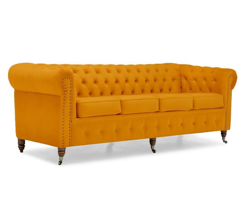 Canapea 4 locuri Kalatzerka, Chesterfield Yellow Velvet, 238x86x80 cm - Kalatzerka, Galben & Auriu