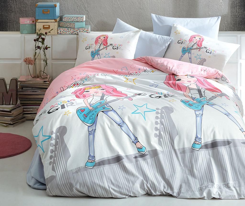 Lenjerie de pat King Ranforce Majoli Bahar Home Collection, Music Girl V1, bumbac ranforce - Majoli Bahar Home Collection, Multicolor