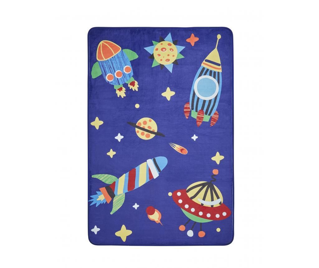covor, copii, planete, rachete, OZN, albastru, multicolor