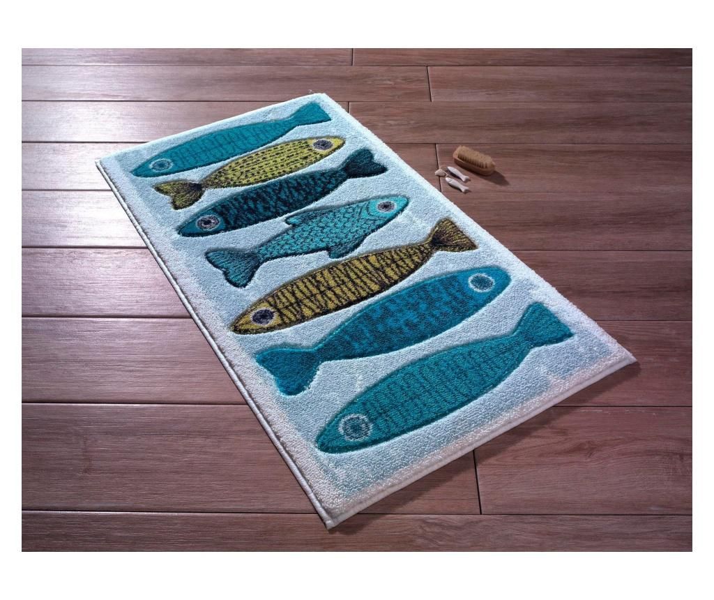 Covoras de baie Fishy WhiteBlueDark BlueTurquoiseYellow 57x100 cm - Confetti, Multicolor