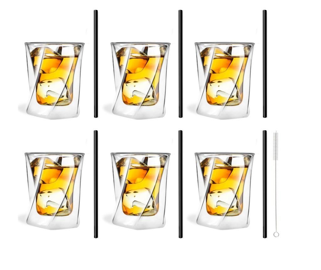 Set 6 pahare pentru whisky si 6 paie Vialli Design, sticla borosilicata, 9x9x11 cm – Vialli Design, Alb,Negru Vialli Design imagine 2022
