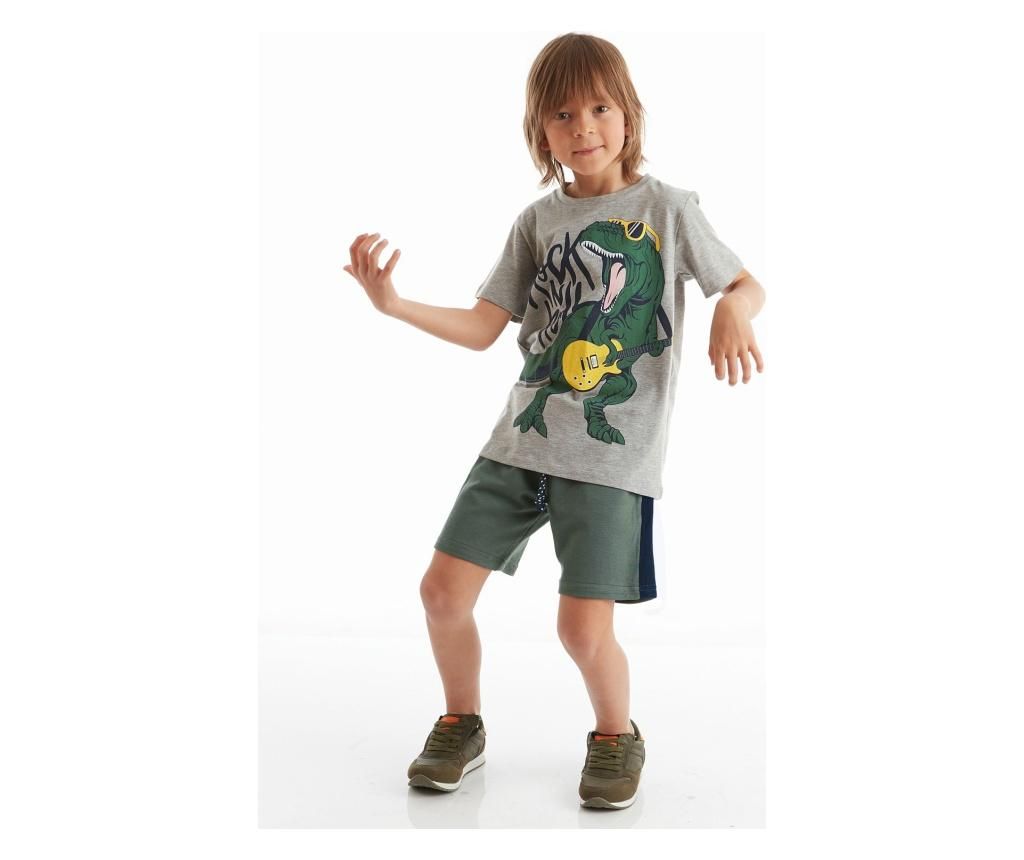 Set tricou si pantaloni pentru baieti Mushi, Rock Dino, gri-verde – Mushi Mushi imagine 2022