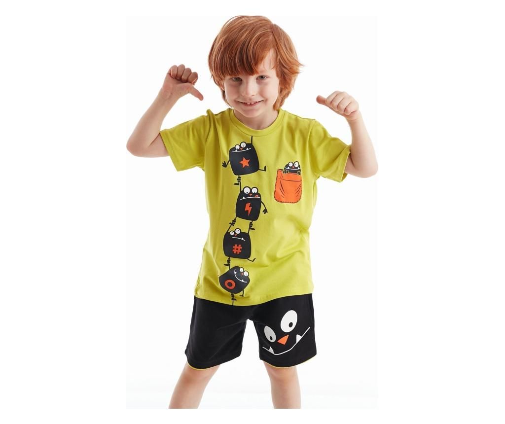 Set pantaloni scurti si tricou pentru baieti Monsters 7 years - Denokids, Negru,Verde