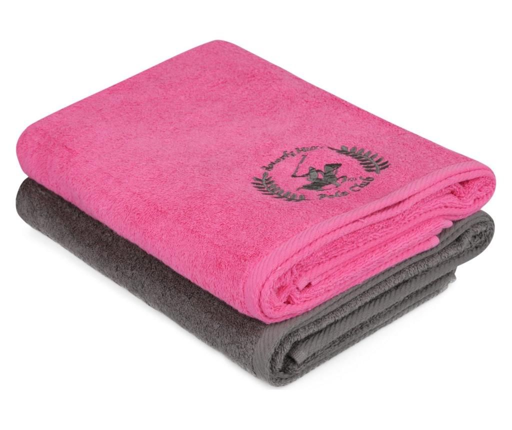 Set 2 prosoape de baie Beverly Hills Polo Club, bumbac, 480 gr/m², 70×140 cm, gri inchis/fucsia – Beverly Hills Polo Club, Gri & Argintiu Beverly Hills Polo Club imagine 2022