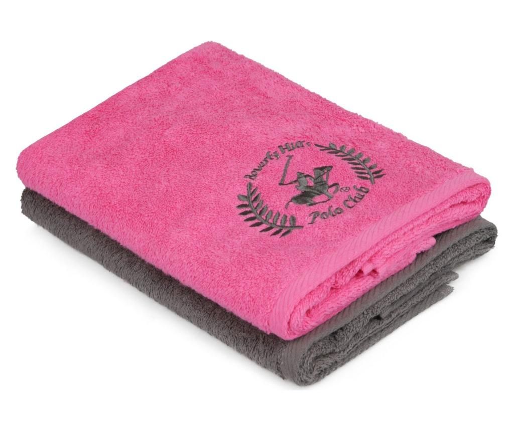 Set 2 prosoape de baie Beverly Hills Polo Club, bumbac, 480 gr/m², 50×90 cm, gri inchis/fucsia – Beverly Hills Polo Club, Gri & Argintiu Beverly Hills Polo Club
