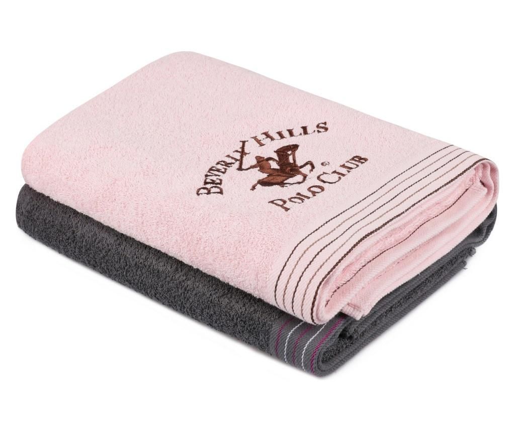 Set 2 prosoape de baie Beverly Hills Polo Club, bumbac, 480 gr/m², 70×140 cm, gri inchis/roz – Beverly Hills Polo Club, Gri & Argintiu Beverly Hills Polo Club