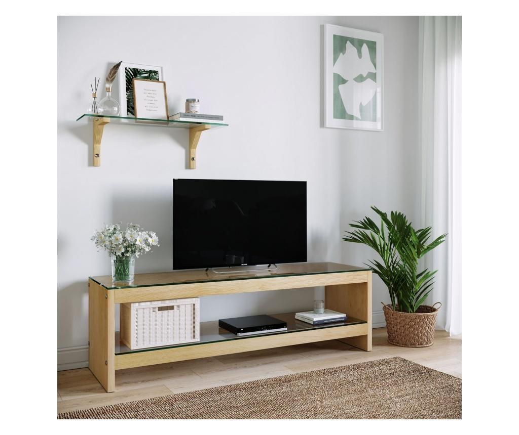 Set comoda TV si raft de perete Neostill, lemn masiv - Neostill, Crem