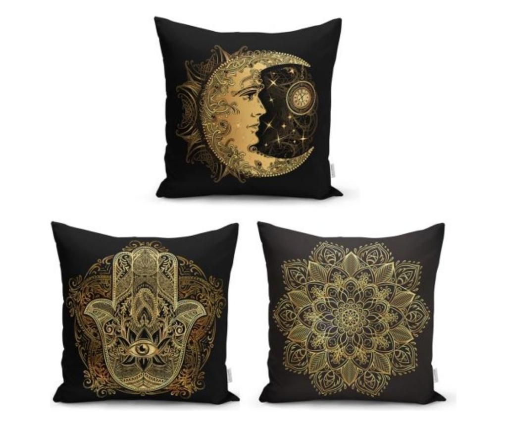 Set 3 fete de perna Minimalist Cushion Covers Ethnic Bohomian Gold Black Mandala - Minimalist Home World, Multicolor