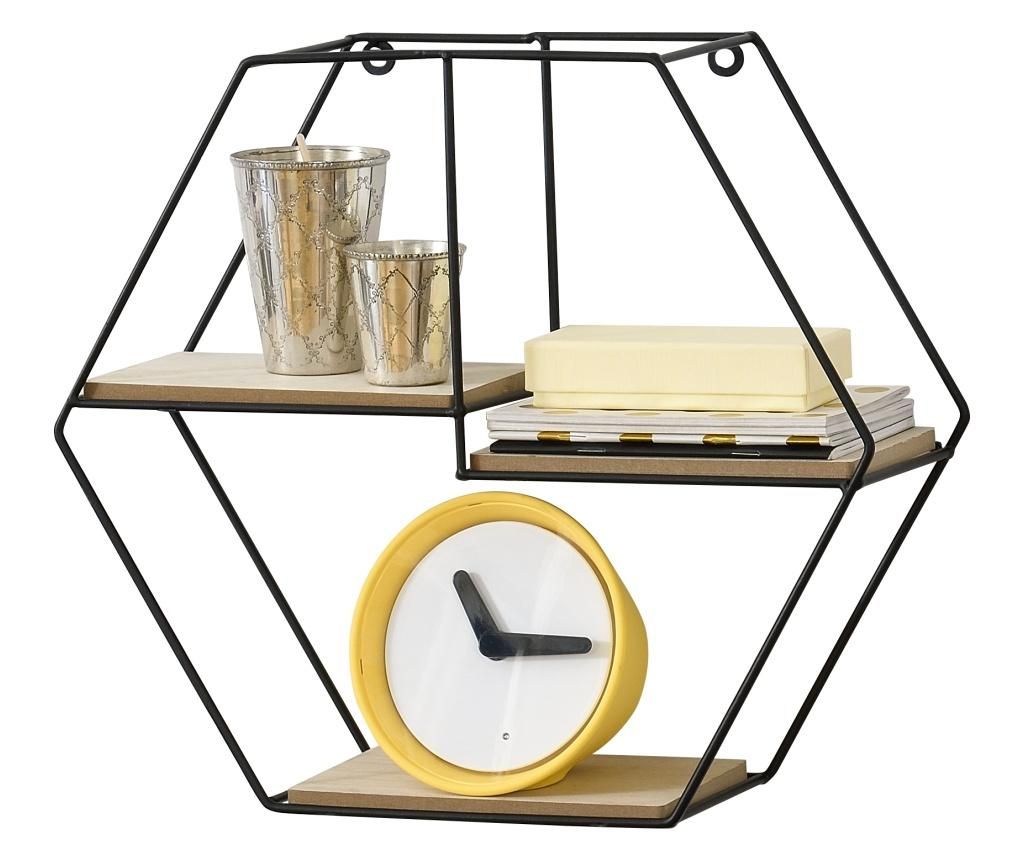 Raft De Perete Hexagon Cu 3 Polite Depozitare, 40 X 12 X 35 Cm, Metal/lemn, Negru/culoarea Lemnului - en.casa