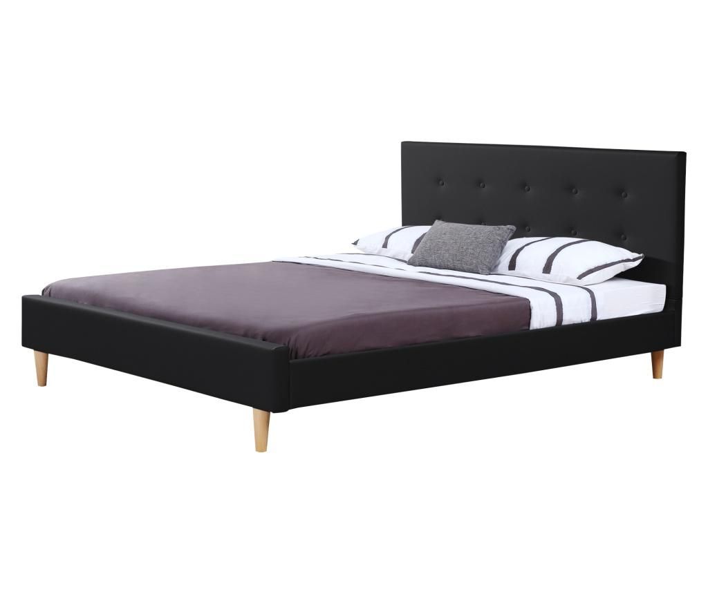 Rama Pat Moderna Tapitata Imitatie Piele Estoril Sk140, 214 X 146 X 96 Cm, Lemn, Negru Mat, Dublu - Corium