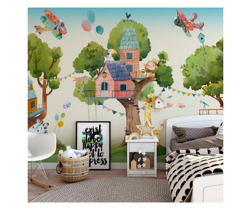 Set 3 bucati de tapet Vavien Artwork, Tree Houses and Cute Animals Kids Room, hartie vinil imprimata, 91x260 cm - Vavien Artwork, Multicolor