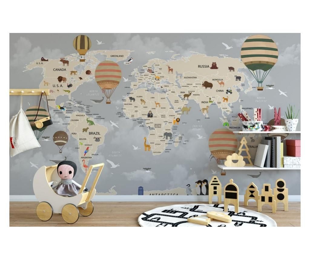 Set 2 bucati de tapet Vavien Artwork, World Map Animals and Balloons, hartie vinil imprimata, 91x125 cm - Vavien Artwork, Multicolor