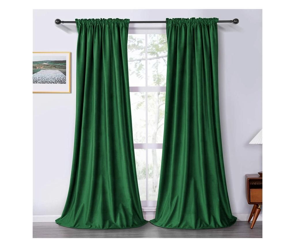 Set draperii soft cu rejansa din bumbac cu 4 ate tip fagure, Super, 150x270 cm, densitate 200 g/mp, Verde, 2 buc - FIVE STORE