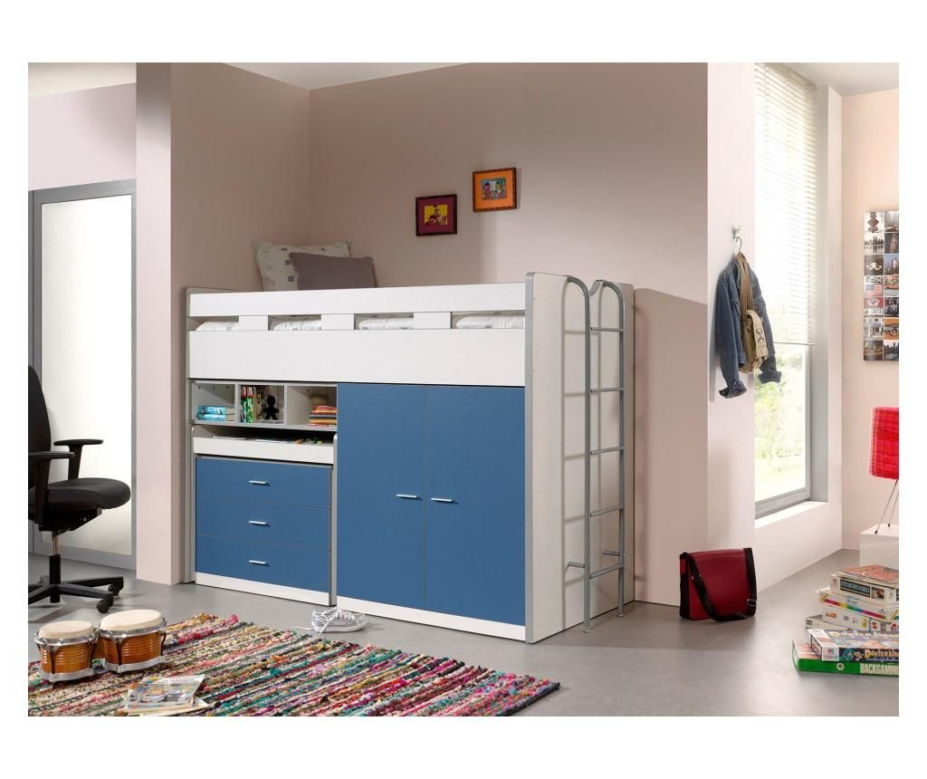 Pat pentru copii cu spatiu de depozitare Vipack, Bonny, combinatie de placi aglomerate si metal, 90x200 cm - Vipack, Albastru
