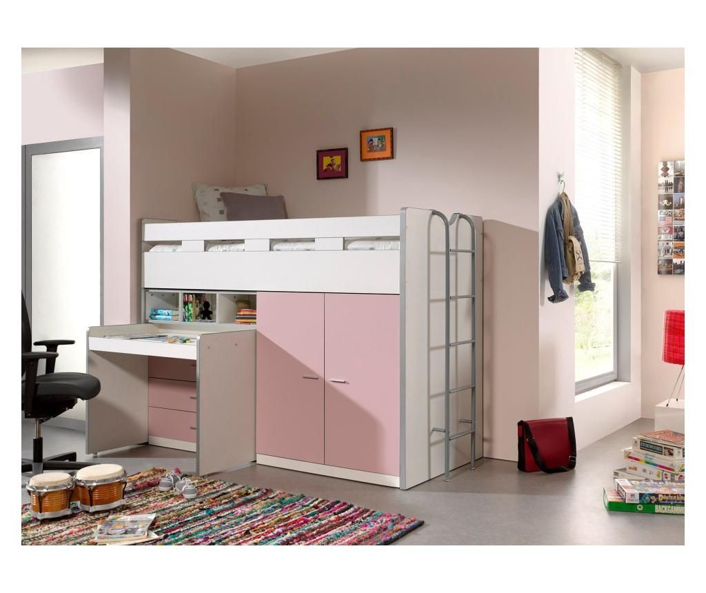 Pat pentru copii cu spatiu de depozitare Vipack, Bonny, combinatie de placi aglomerate si metal, 90x200 cm - Vipack, Roz