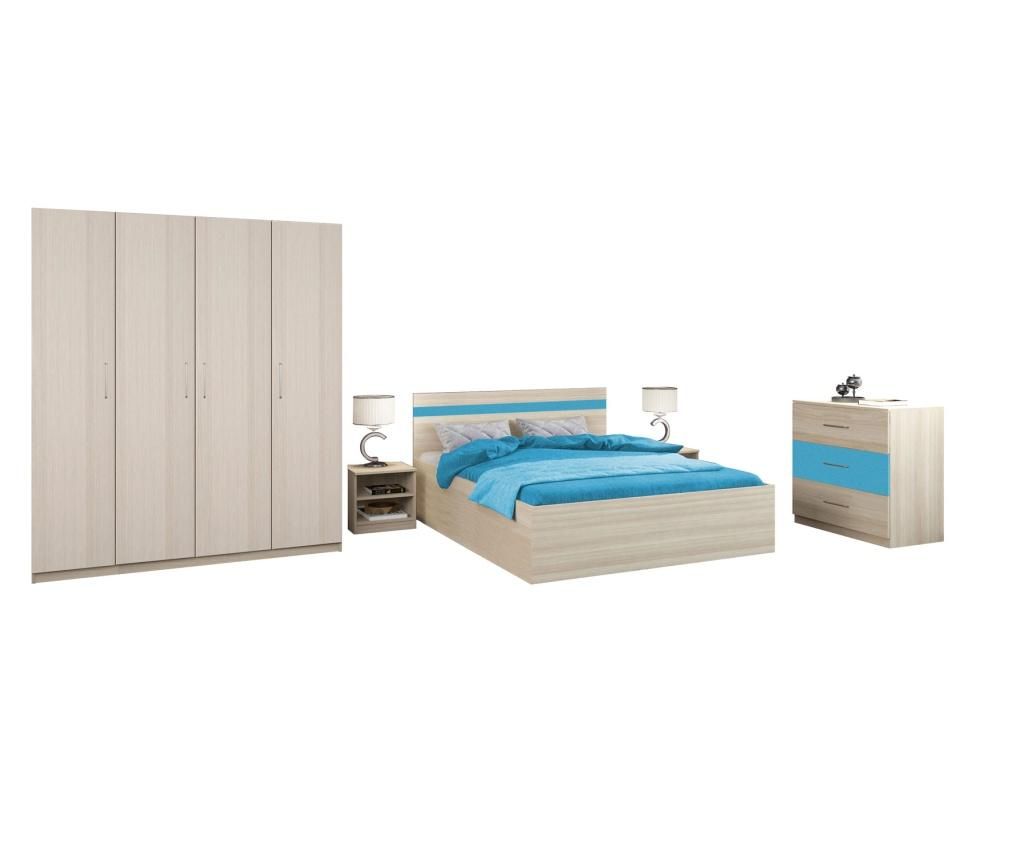 Dormitor Salonic, PAL 18mm, Stejar Ferrara si Albastru, cu Pat de 160x200 cm - Lara Modul