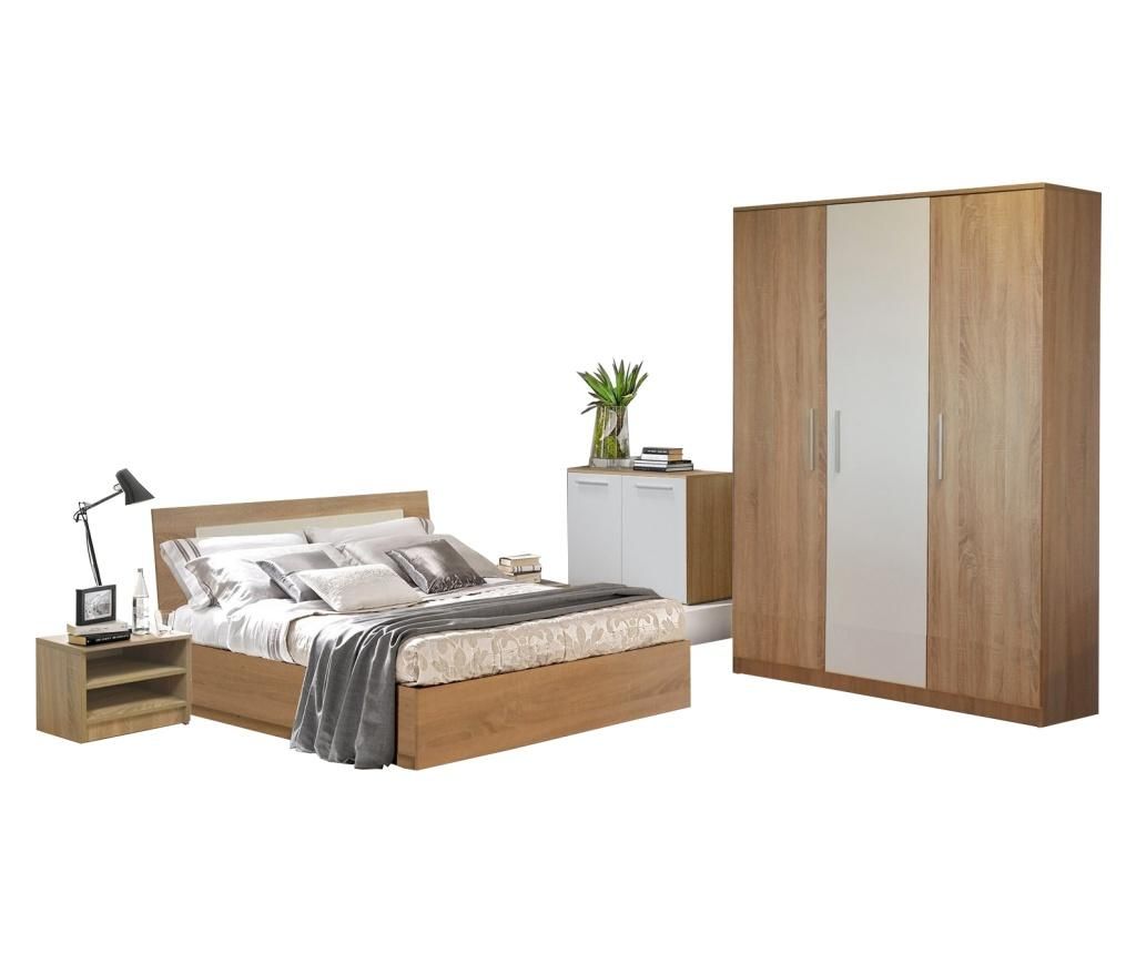 Dormitor Sonoma, PAL 18mm, Stejar Sonoma si Alb, cu Pat de 140x200 cm - Lara Modul