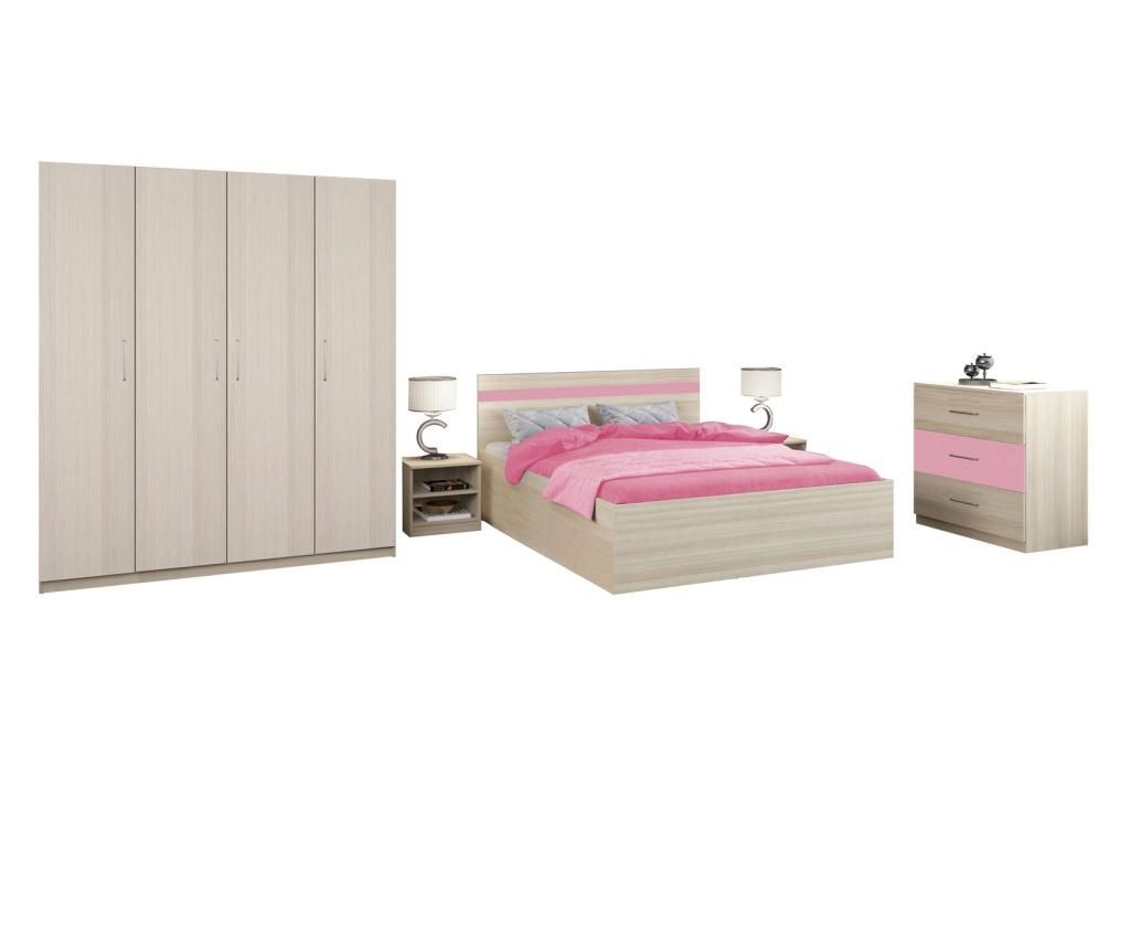Dormitor Salonic, PAL 18mm, Stejar Ferrara si Roz, cu Pat de 140x200 cm - Lara Modul