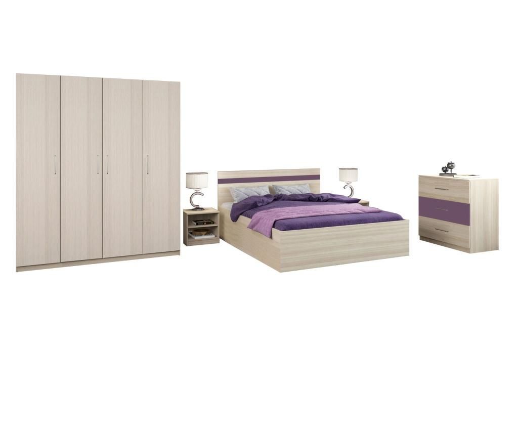 Dormitor Salonic, PAL 18mm, Stejar Ferrara si Violet, cu Pat de 160x200 cm - Lara Modul