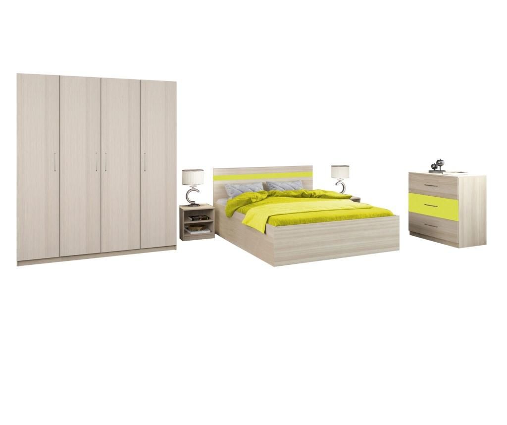 Dormitor Salonic, PAL 18mm, Stejar Ferrara si Verde, cu Pat de 140x200 cm - Lara Modul