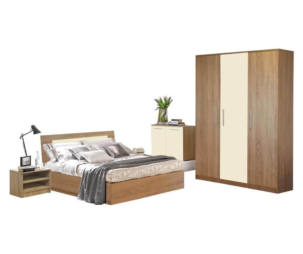 Dormitor Sonoma, PAL 18mm, Stejar Sonoma si Crem, cu Pat de 140x200 cm - Lara Modul