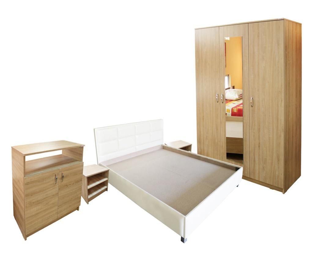 Dormitor Soft Sonoma cu pat tapitat bej pentru saltea 140×200 cm – Spectral Mobila Spectral Mobila imagine 2022