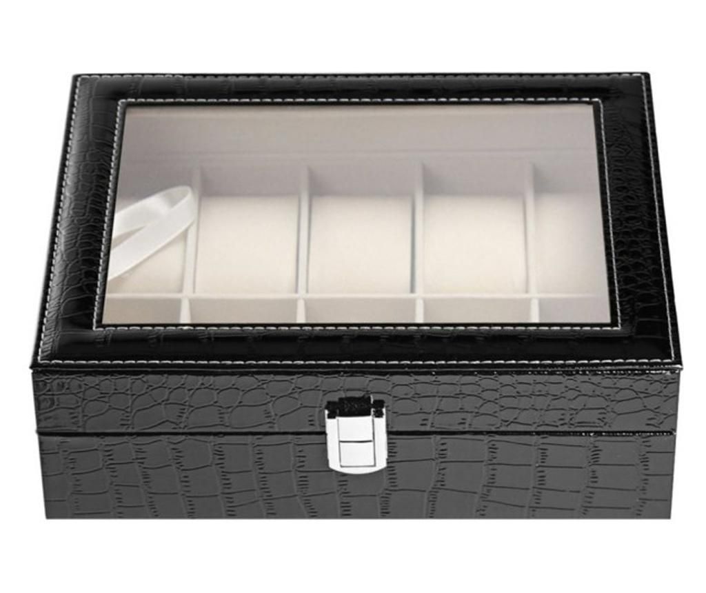 Cutie caseta eleganta depozitare cu compartimente pentru 10 ceasuri, imprimeu crocodil, negru - Pufo