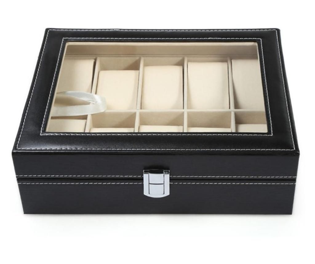 Cutie caseta eleganta depozitare cu compartimente pentru 10 Ceasuri, negru - Pufo